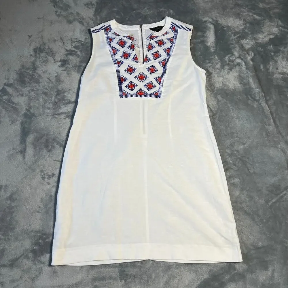 J. Crew Sleeveless V-Neck Embroidered Sunburst Dress Size XS Linen Cotton Boho